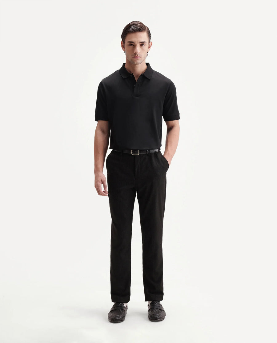Rare Rabbit Men's Drid Black Cotton Fabric Half Sleeve Spread Collar Plain Polo
