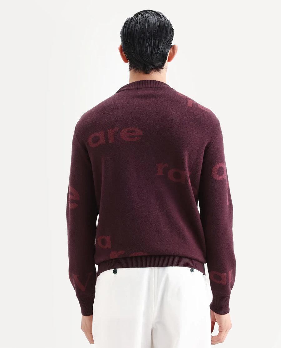 Rare Rabbit Men's Chet Dark Maroon Viscose Monogram Print Regular Fit Full Sleeve Crew Neck Sweater