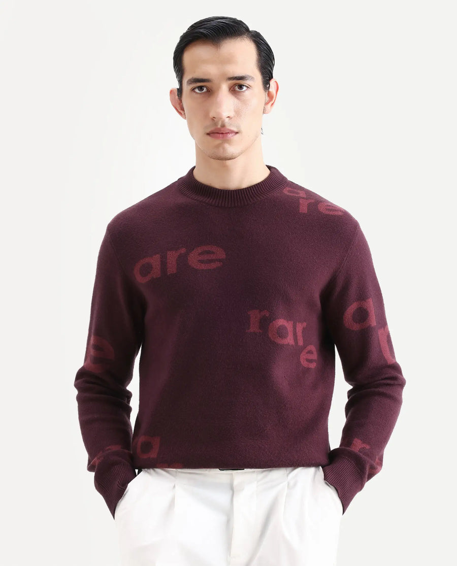 Rare Rabbit Men's Chet Dark Maroon Viscose Monogram Print Regular Fit Full Sleeve Crew Neck Sweater