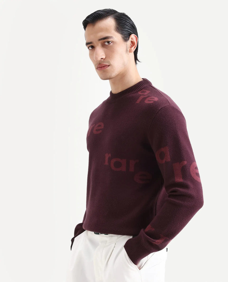 Rare Rabbit Men's Chet Dark Maroon Viscose Monogram Print Regular Fit Full Sleeve Crew Neck Sweater