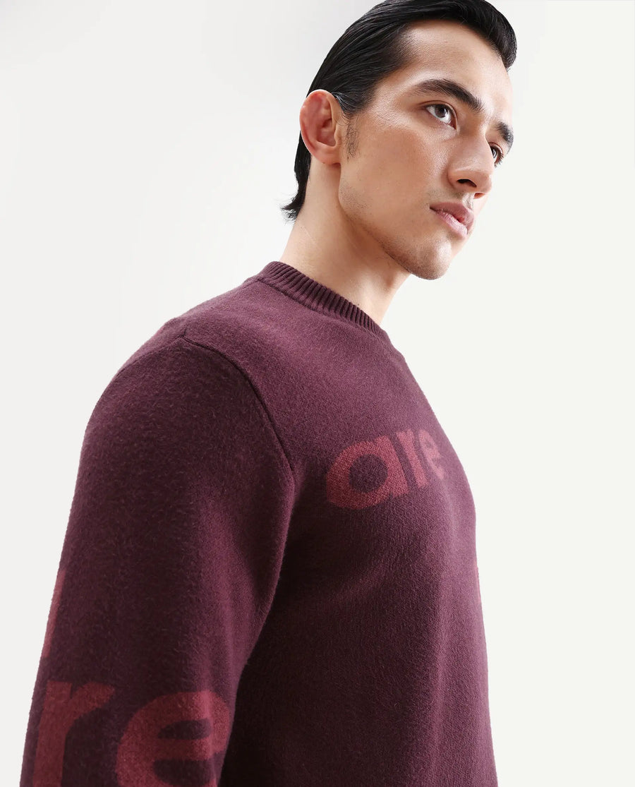 Rare Rabbit Men's Chet Dark Maroon Viscose Monogram Print Regular Fit Full Sleeve Crew Neck Sweater