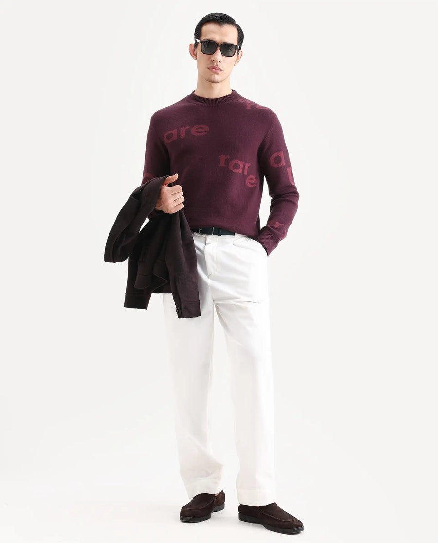Rare Rabbit Men's Chet Dark Maroon Viscose Monogram Print Regular Fit Full Sleeve Crew Neck Sweater
