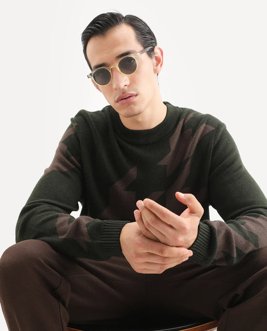 Rare Rabbit Men's Hond Dark Olive Acrylic Abstract Print Regular Fit Full Sleeve Crew Neck Sweater