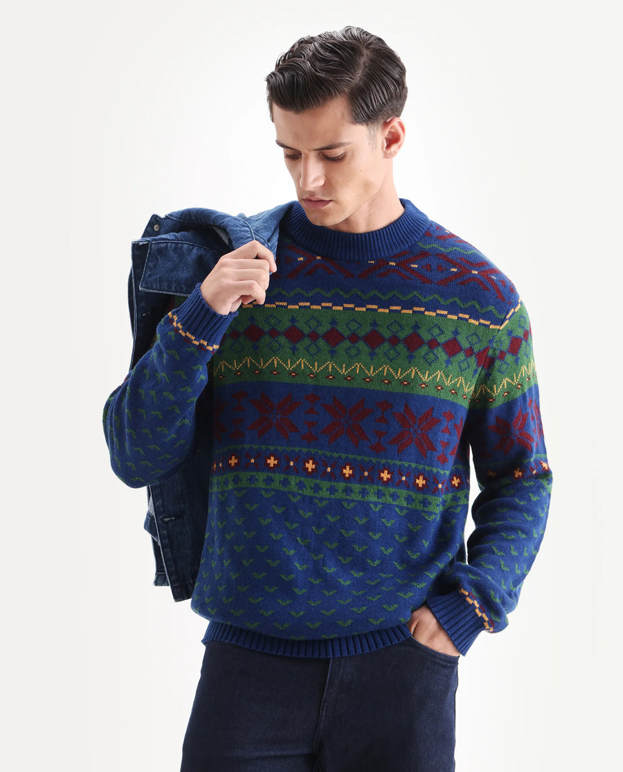 Rare Rabbit Men's Cri Blue Acrylic Fabric Full Sleeve Crew Neck Ombre Sweater