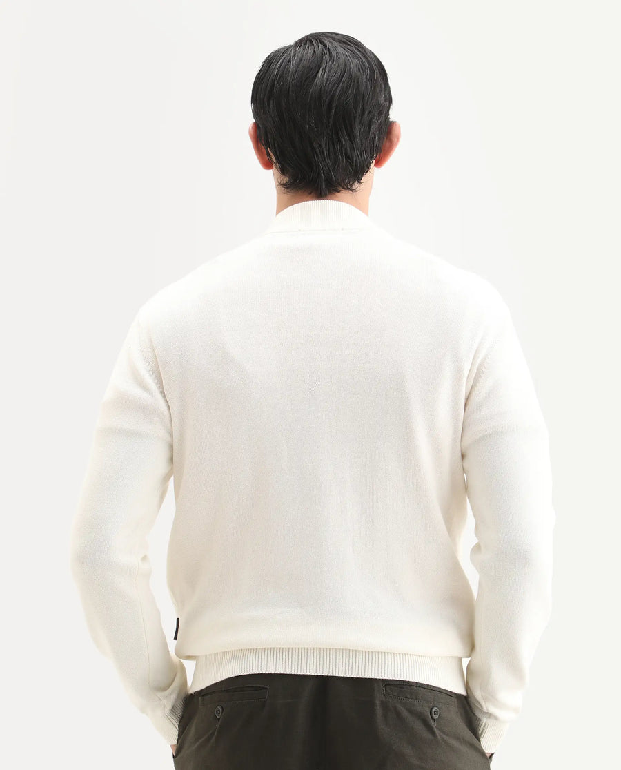 Rare Rabbit Men's Toyder Off White Cotton Textured Regular Fit Full Sleeve High Neck Sweater