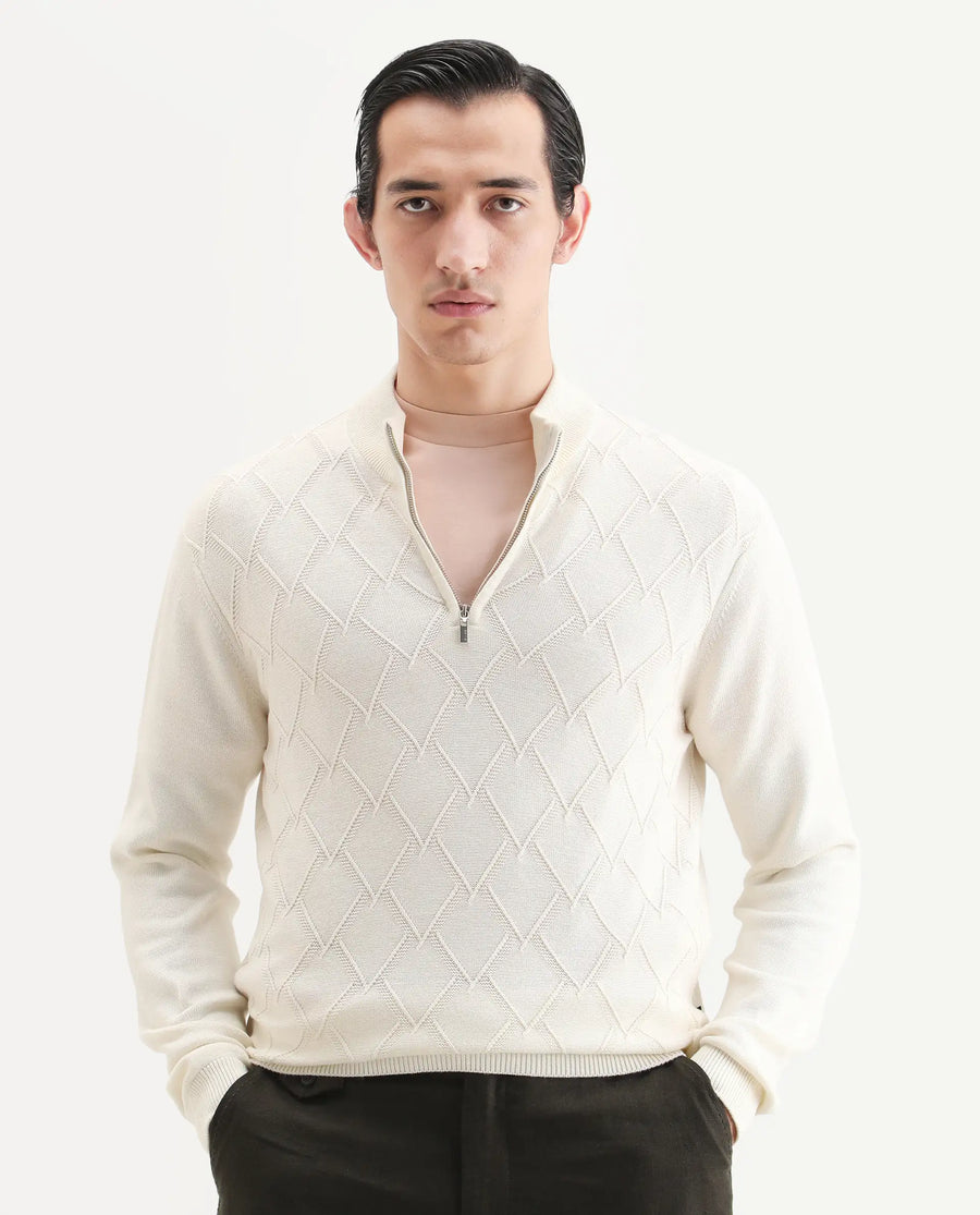 Rare Rabbit Men's Toyder Off White Cotton Textured Regular Fit Full Sleeve High Neck Sweater