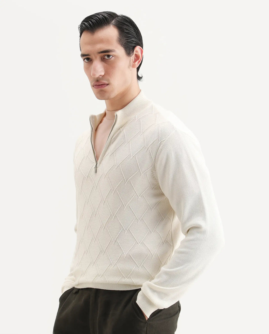 Rare Rabbit Men's Toyder Off White Cotton Textured Regular Fit Full Sleeve High Neck Sweater