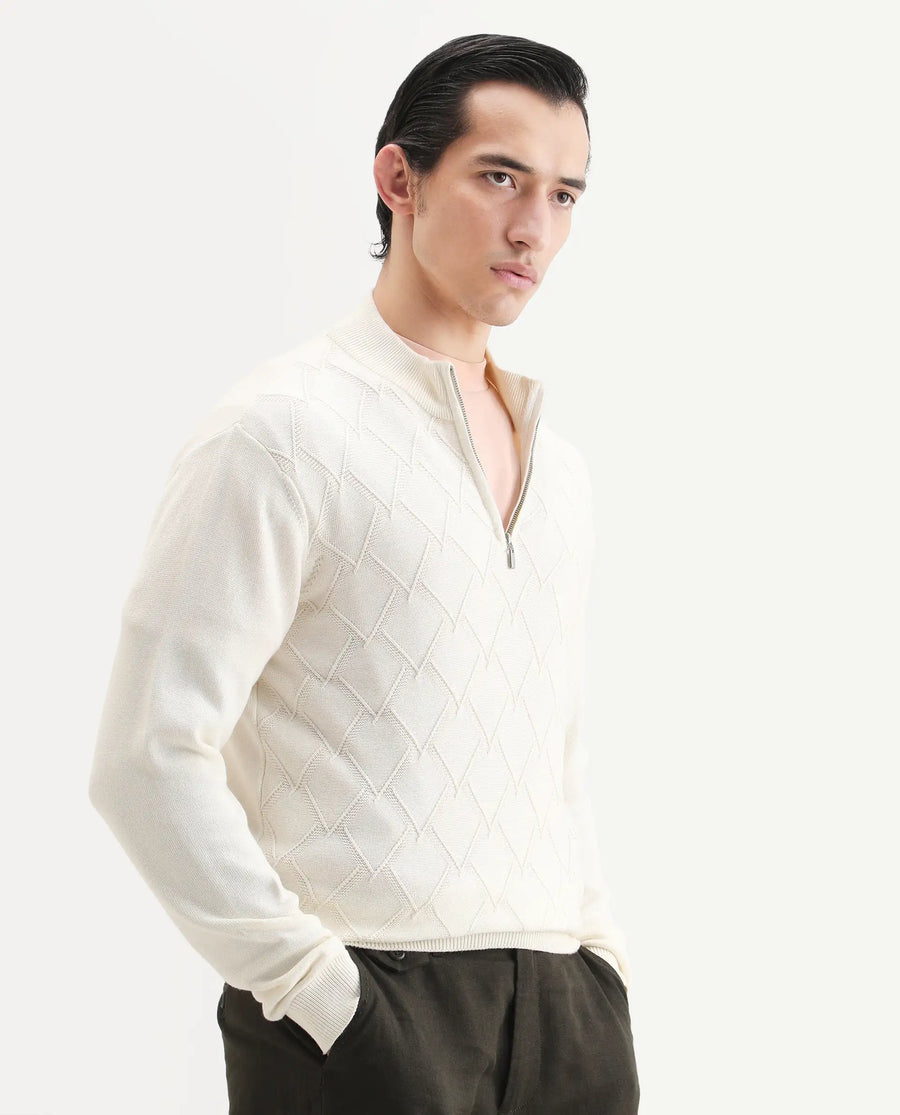 Rare Rabbit Men's Toyder Off White Cotton Textured Regular Fit Full Sleeve High Neck Sweater