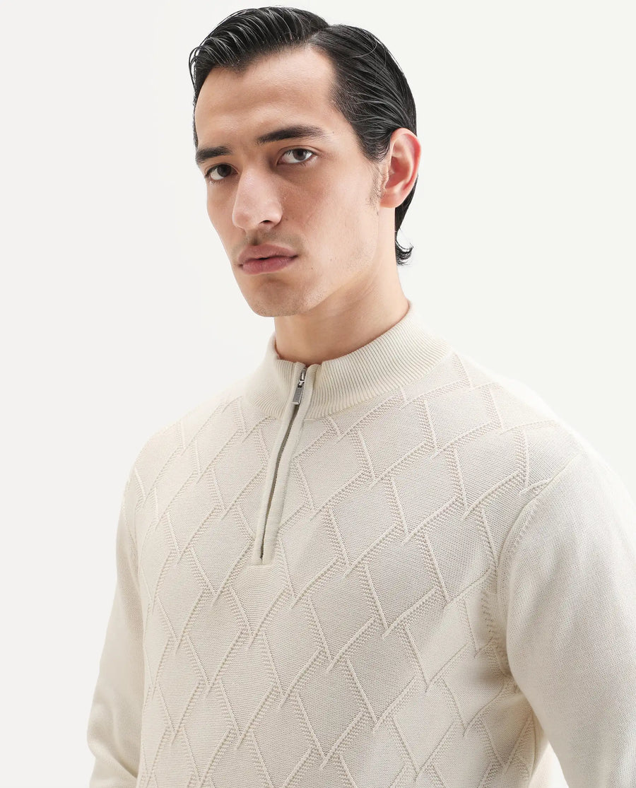 Rare Rabbit Men's Toyder Off White Cotton Textured Regular Fit Full Sleeve High Neck Sweater