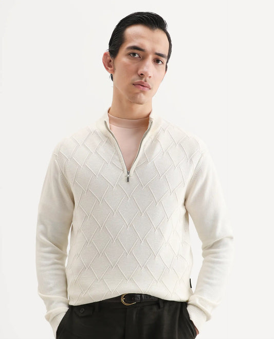 Rare Rabbit Men's Toyder Off White Cotton Textured Regular Fit Full Sleeve High Neck Sweater
