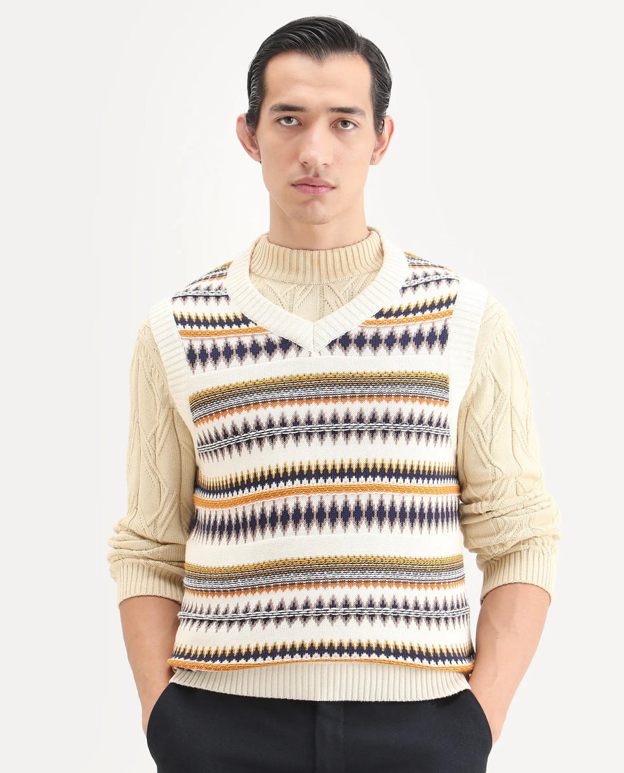 Rare Rabbit Men's Loto Off White Cotton Fabric Full Sleeve Crew Neck Ombre Sweater