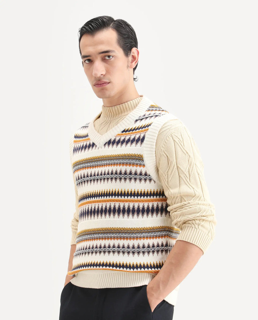 Rare Rabbit Men's Loto Off White Cotton Fabric Full Sleeve Crew Neck Ombre Sweater