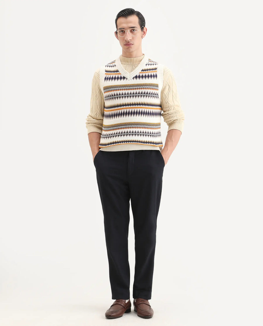 Rare Rabbit Men's Loto Off White Cotton Fabric Full Sleeve Crew Neck Ombre Sweater