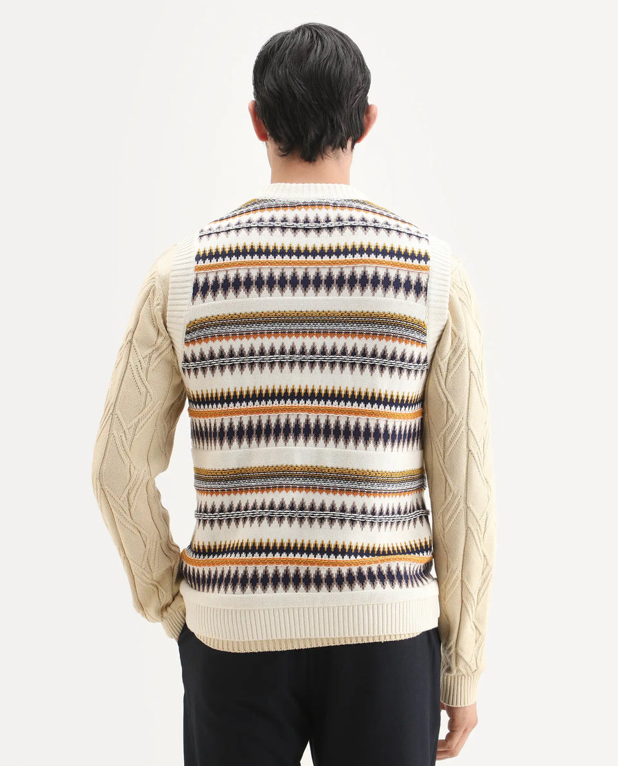 Rare Rabbit Men's Loto Off White Cotton Fabric Full Sleeve Crew Neck Ombre Sweater