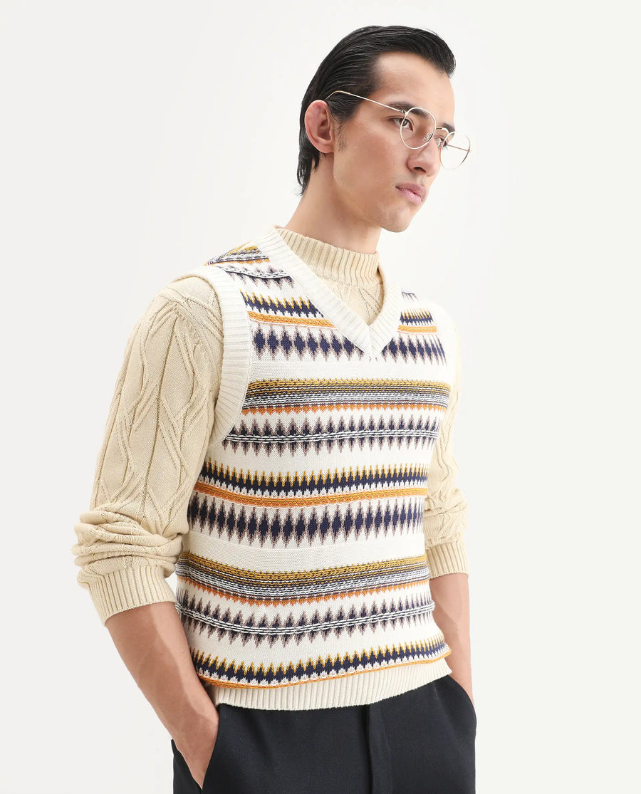 Rare Rabbit Men's Loto Off White Cotton Fabric Full Sleeve Crew Neck Ombre Sweater