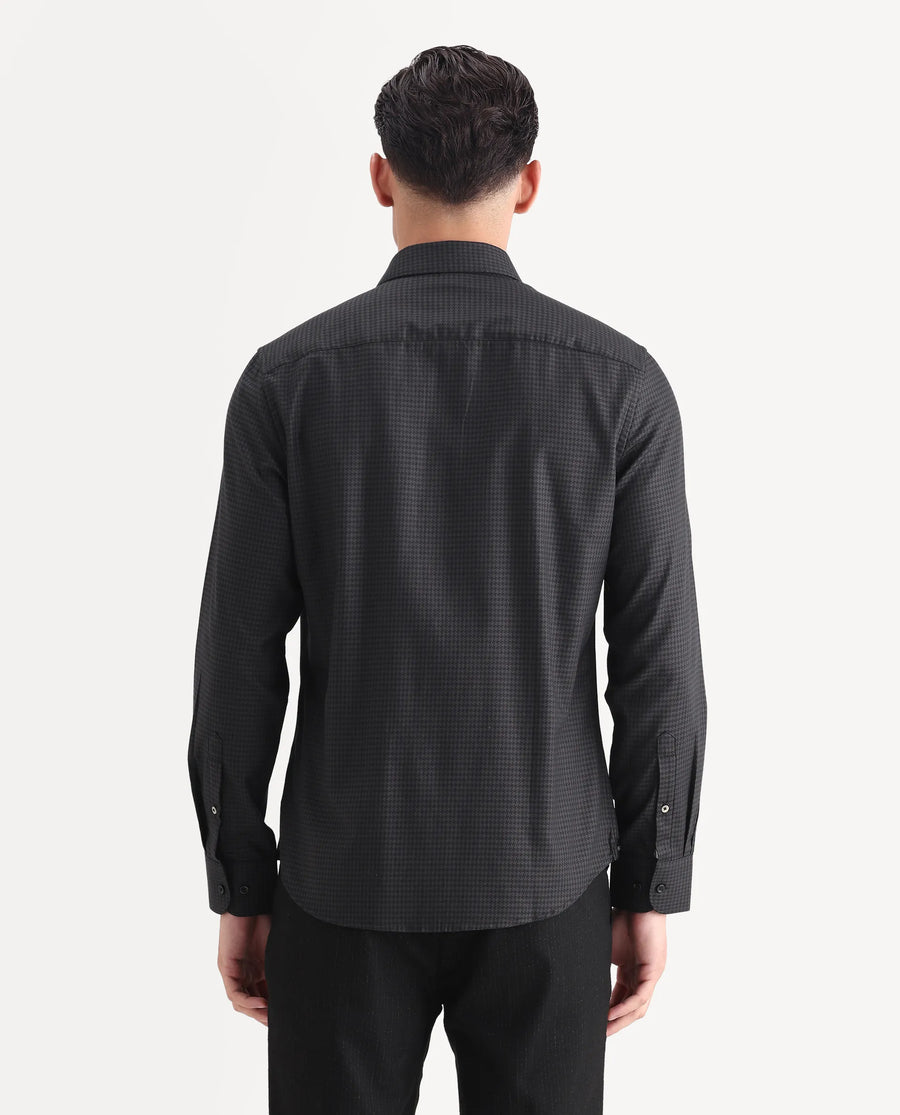 Rare Rabbit Men's Rapid-25 Black Cotton Fabric Collared Neck Regular Fit Checks Shirt