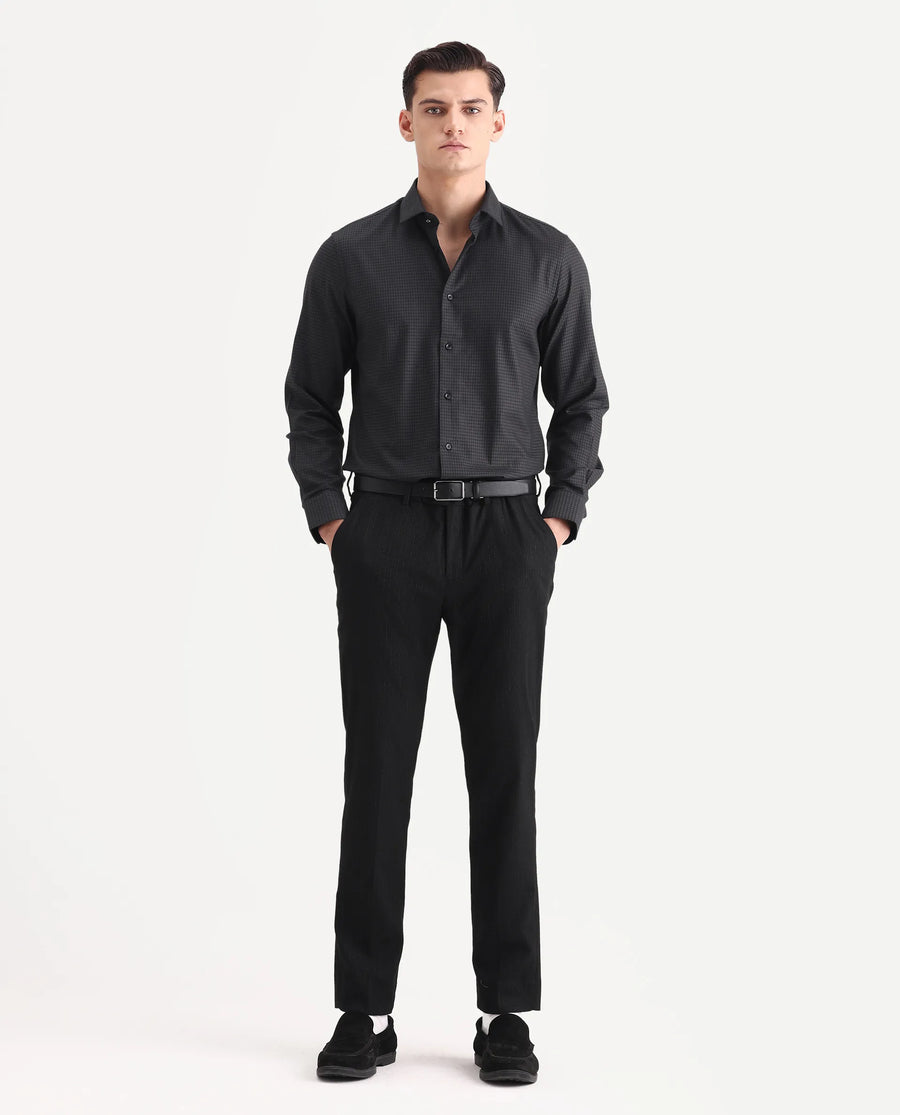 Rare Rabbit Men's Rapid-25 Black Cotton Fabric Collared Neck Regular Fit Checks Shirt
