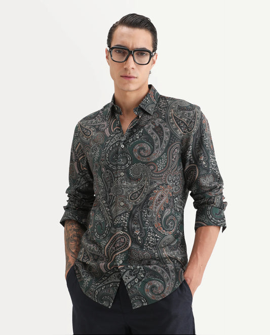 Rare Rabbit Men's Grent Green Viscose Fabric Collared Neck Regular Fit Paisley Print Shirt