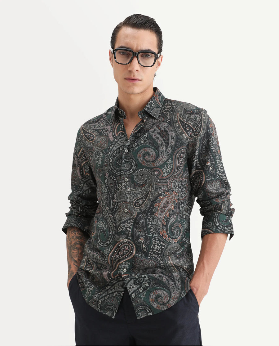 Rare Rabbit Men's Grent Green Viscose Fabric Collared Neck Regular Fit Paisley Print Shirt