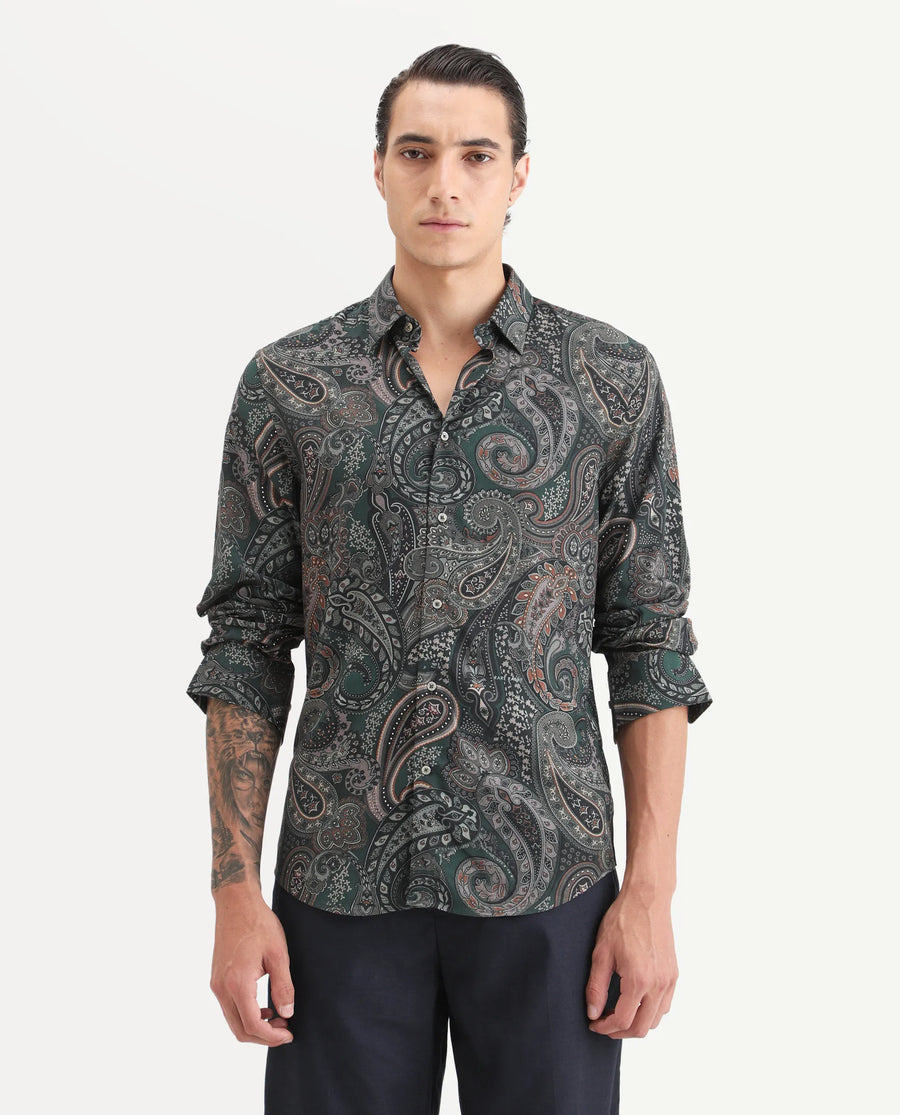 Rare Rabbit Men's Grent Green Viscose Fabric Collared Neck Regular Fit Paisley Print Shirt