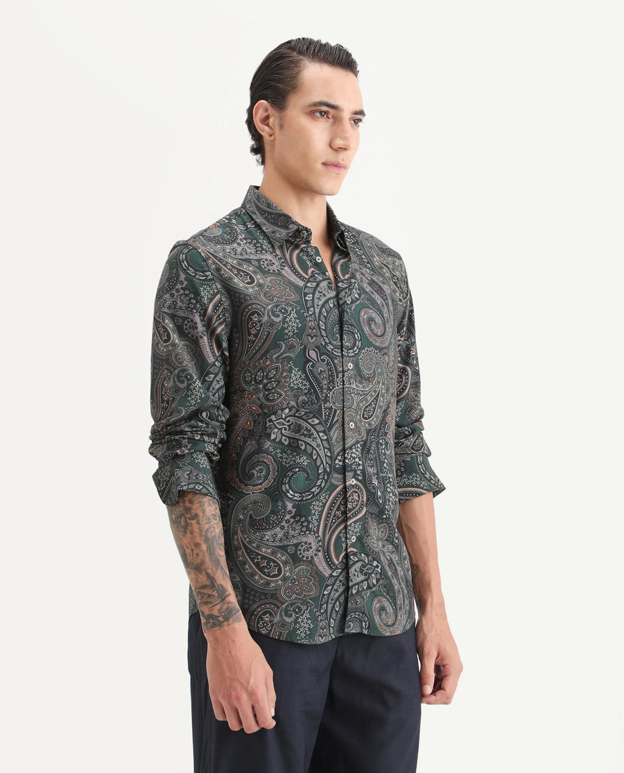 Rare Rabbit Men's Grent Green Viscose Fabric Collared Neck Regular Fit Paisley Print Shirt