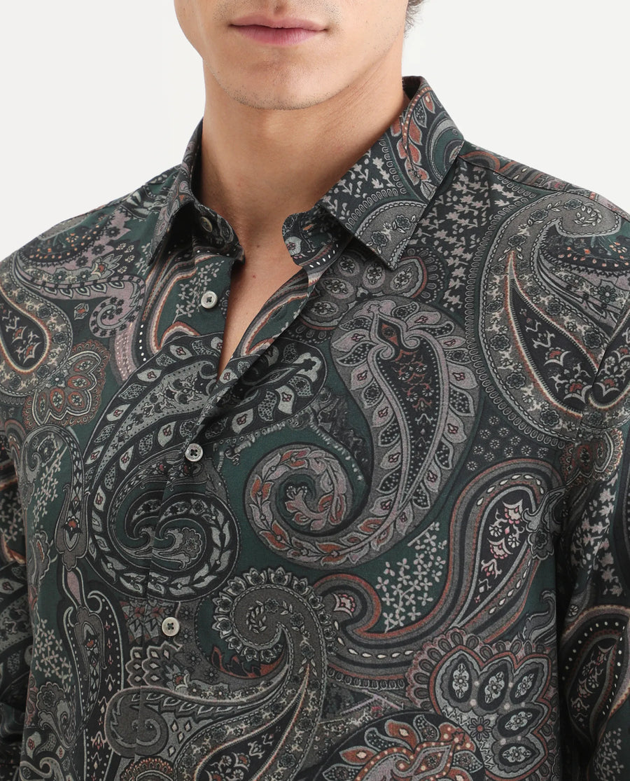 Rare Rabbit Men's Grent Green Viscose Fabric Collared Neck Regular Fit Paisley Print Shirt