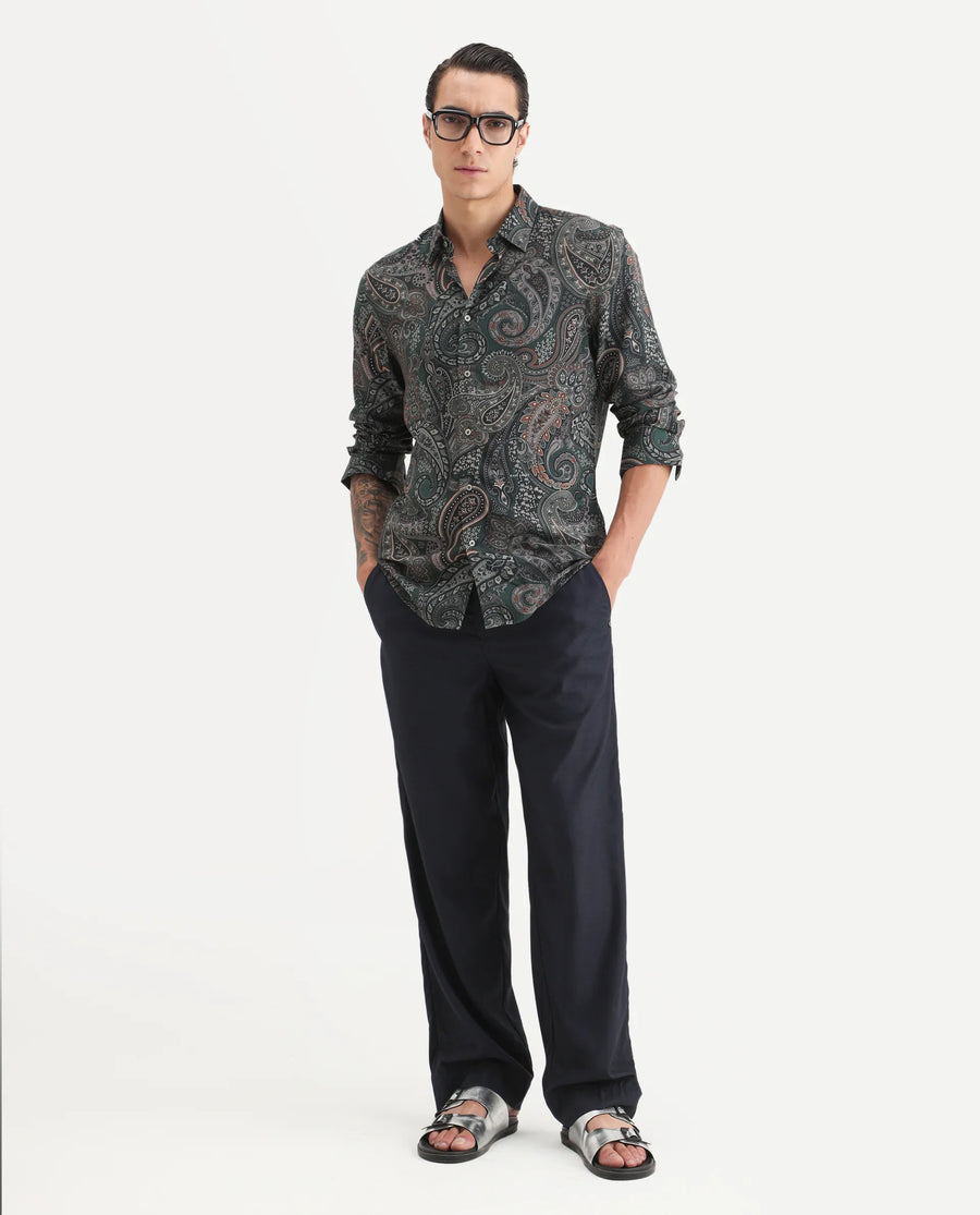 Rare Rabbit Men's Grent Green Viscose Fabric Collared Neck Regular Fit Paisley Print Shirt