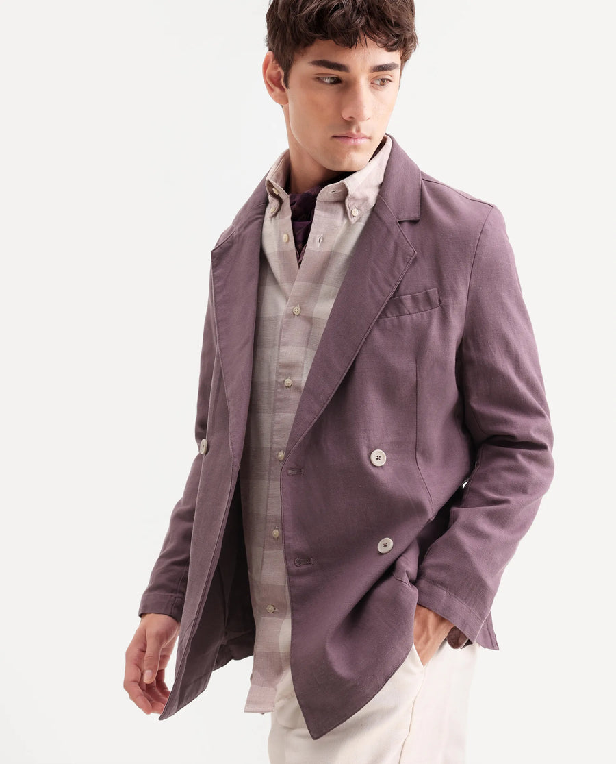 Rare Rabbit Men's Deb Purple Linen Blend Fabric Lapel Neck Tailored Fit Plain Blazer