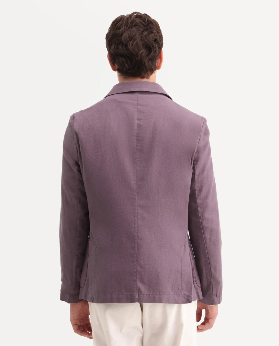 Rare Rabbit Men's Deb Purple Linen Blend Fabric Lapel Neck Tailored Fit Plain Blazer