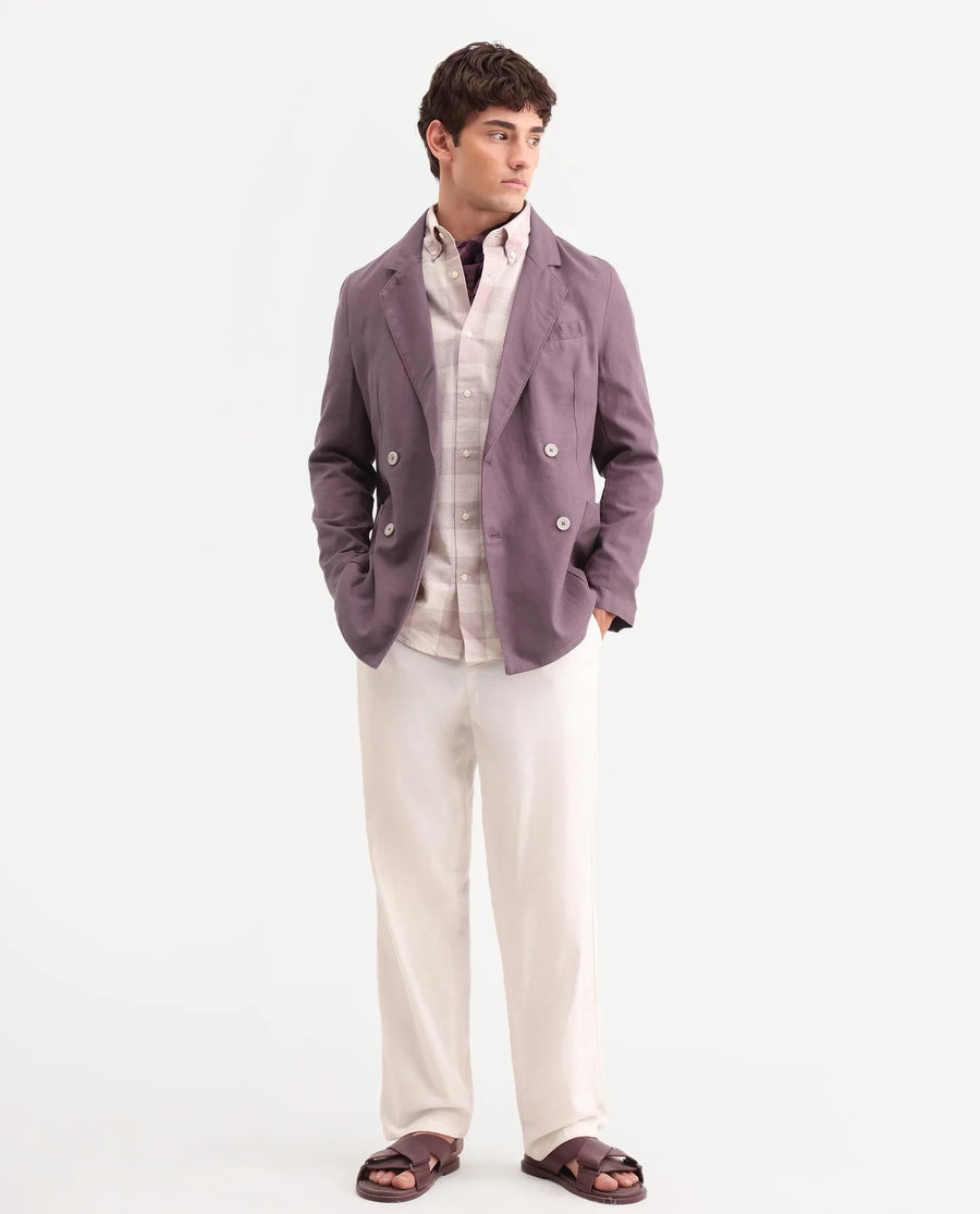Rare Rabbit Men's Deb Purple Linen Blend Fabric Lapel Neck Tailored Fit Plain Blazer