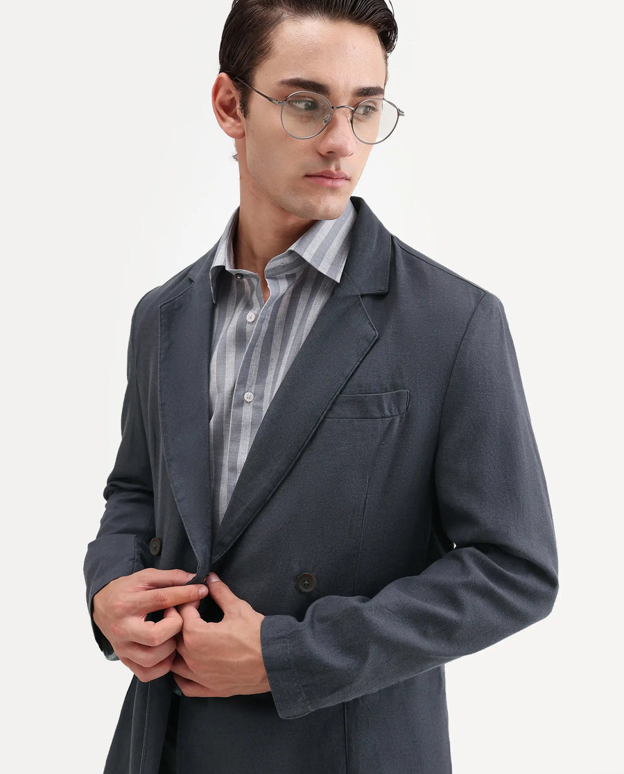Rare Rabbit Men's Deb Dark Grey Linen Blend Fabric Lapel Neck Tailored Fit Plain Blazer
