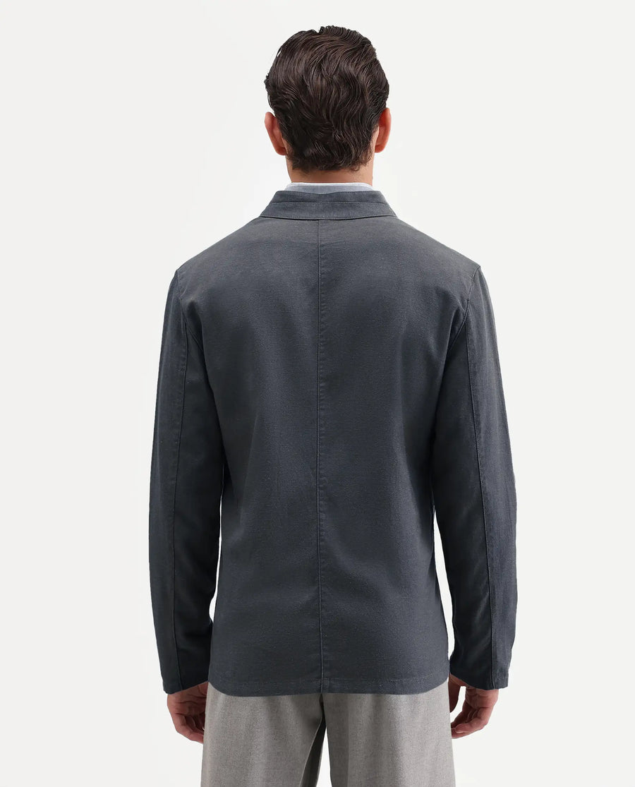 Rare Rabbit Men's Deb Dark Grey Linen Blend Fabric Lapel Neck Tailored Fit Plain Blazer
