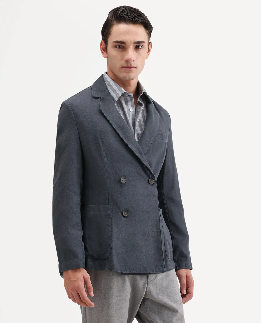 Rare Rabbit Men's Deb Dark Grey Linen Blend Fabric Lapel Neck Tailored Fit Plain Blazer