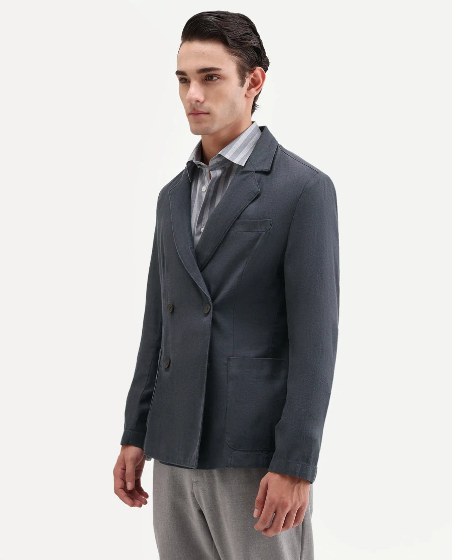 Rare Rabbit Men's Deb Dark Grey Linen Blend Fabric Lapel Neck Tailored Fit Plain Blazer