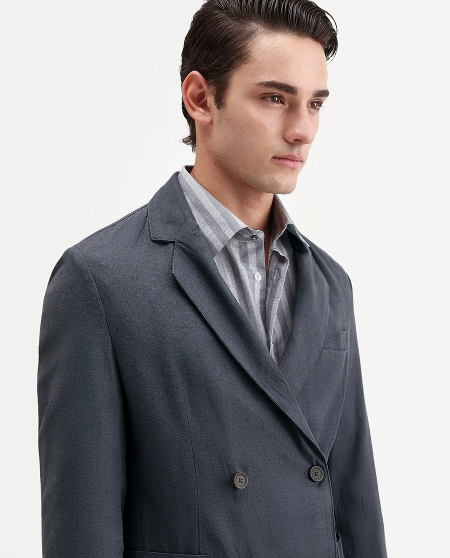 Rare Rabbit Men's Deb Dark Grey Linen Blend Fabric Lapel Neck Tailored Fit Plain Blazer
