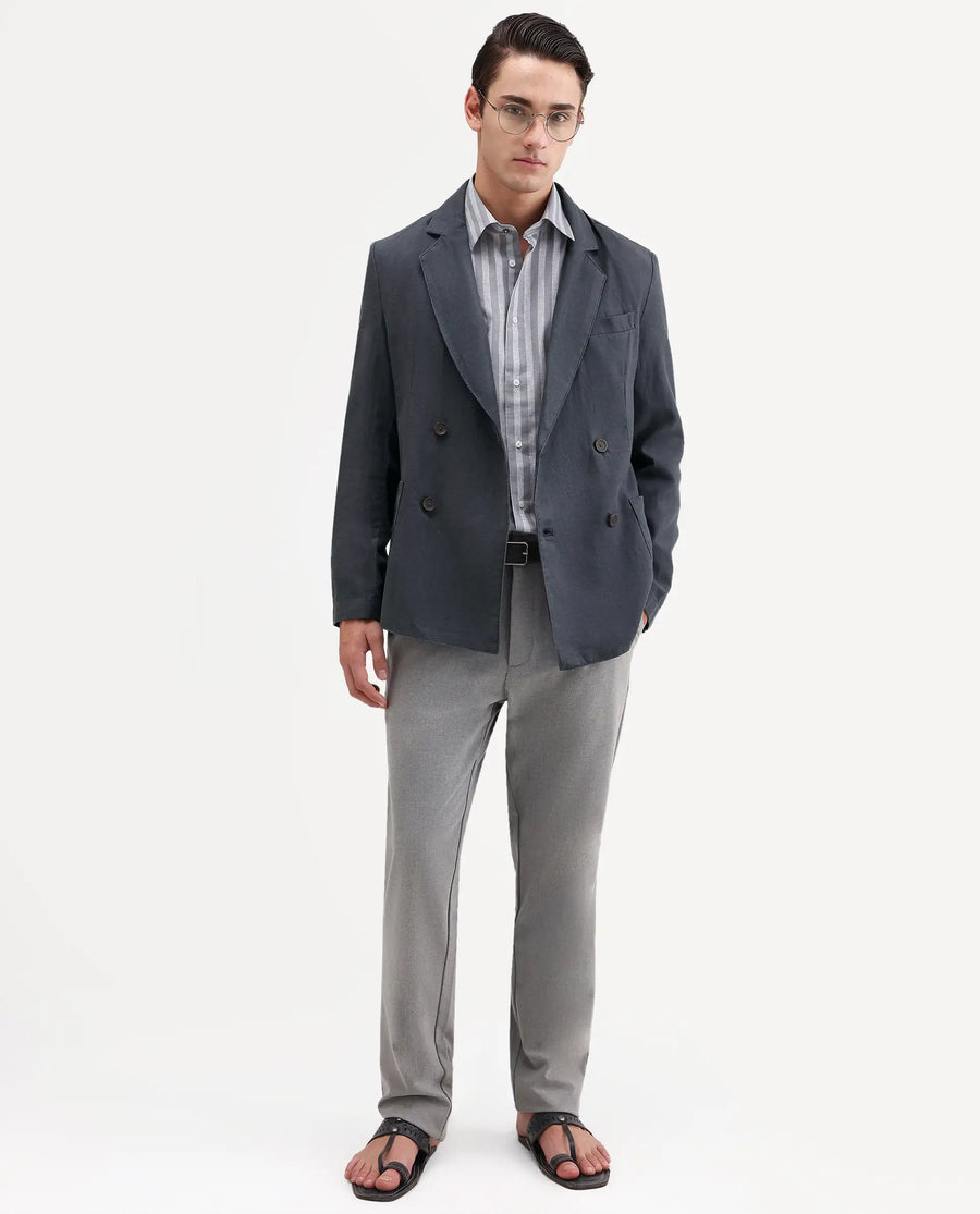 Rare Rabbit Men's Deb Dark Grey Linen Blend Fabric Lapel Neck Tailored Fit Plain Blazer