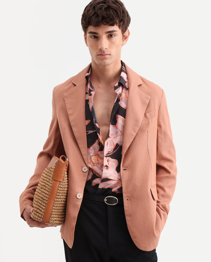 Rare Rabbit Men's Linol Peach Linen Blend Fabric Lapel Neck Tailored Fit Plain Blazer