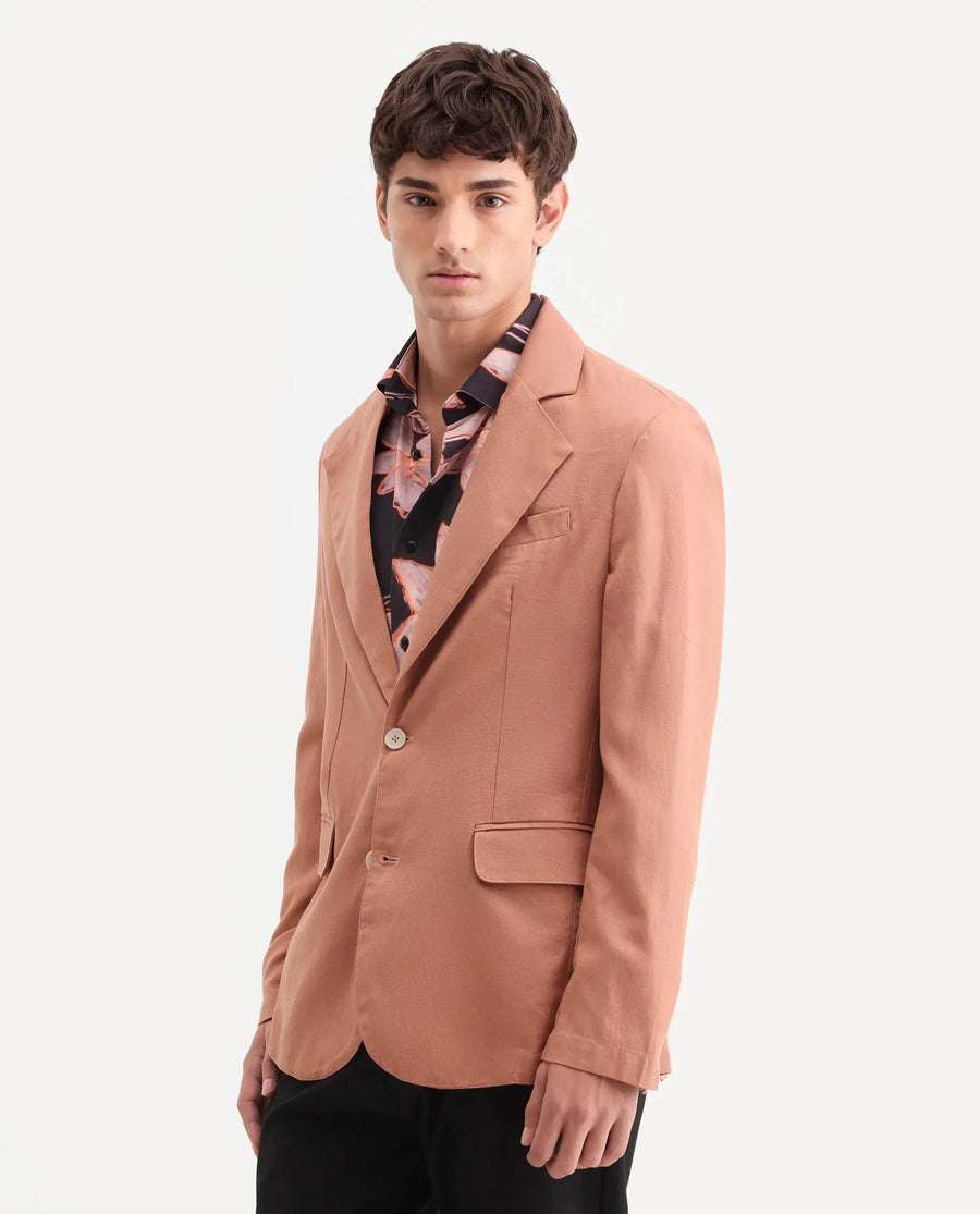 Rare Rabbit Men's Linol Peach Linen Blend Fabric Lapel Neck Tailored Fit Plain Blazer