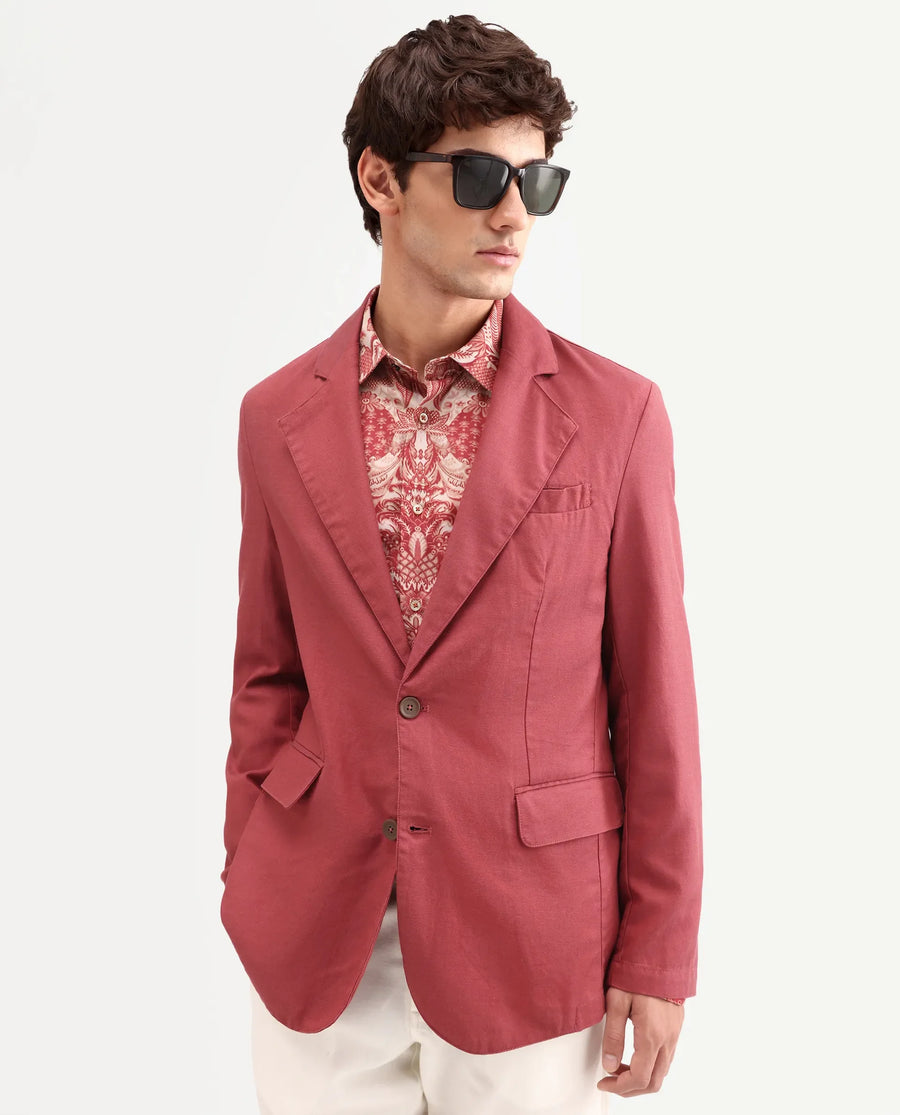 Rare Rabbit Men's Linol Red Linen Blend Fabric Lapel Neck Tailored Fit Plain Blazer