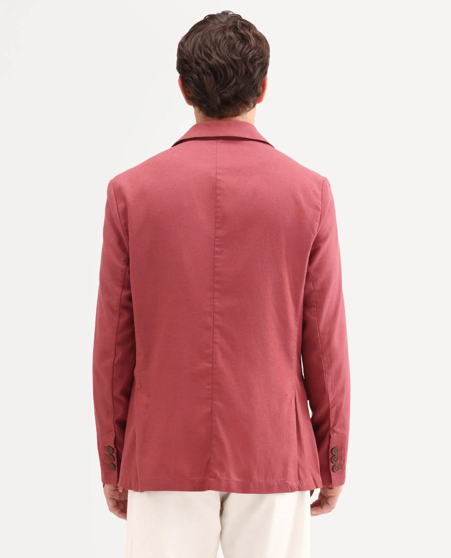 Rare Rabbit Men's Linol Red Linen Blend Fabric Lapel Neck Tailored Fit Plain Blazer