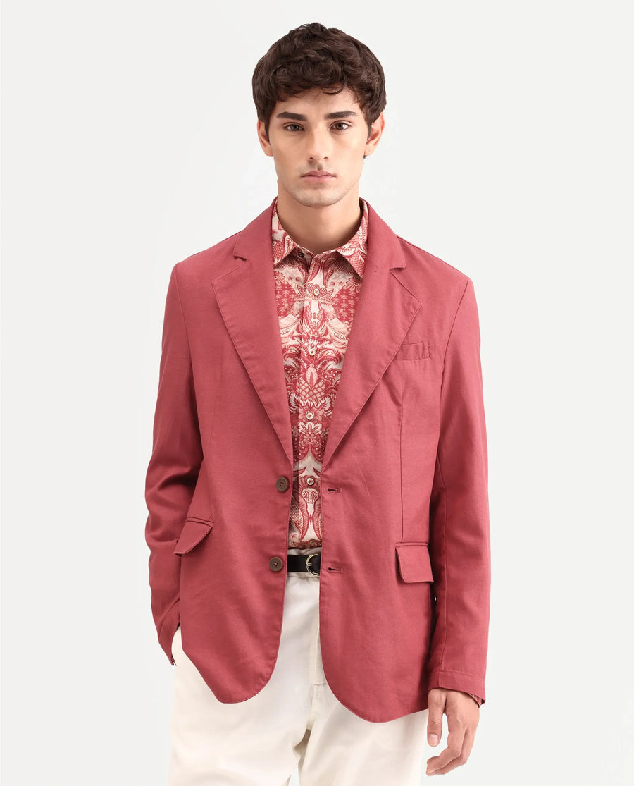 Rare Rabbit Men's Linol Red Linen Blend Fabric Lapel Neck Tailored Fit Plain Blazer