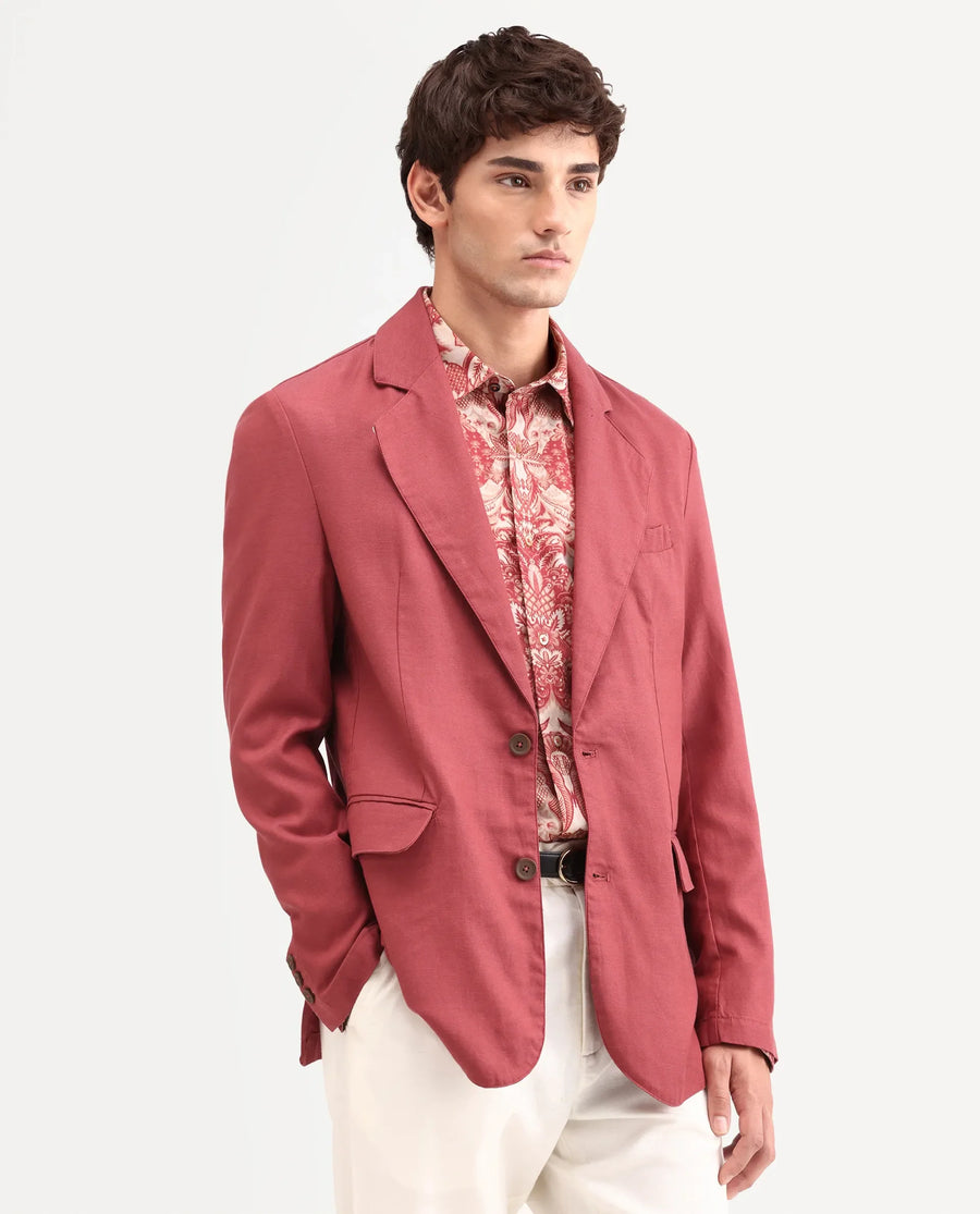 Rare Rabbit Men's Linol Red Linen Blend Fabric Lapel Neck Tailored Fit Plain Blazer