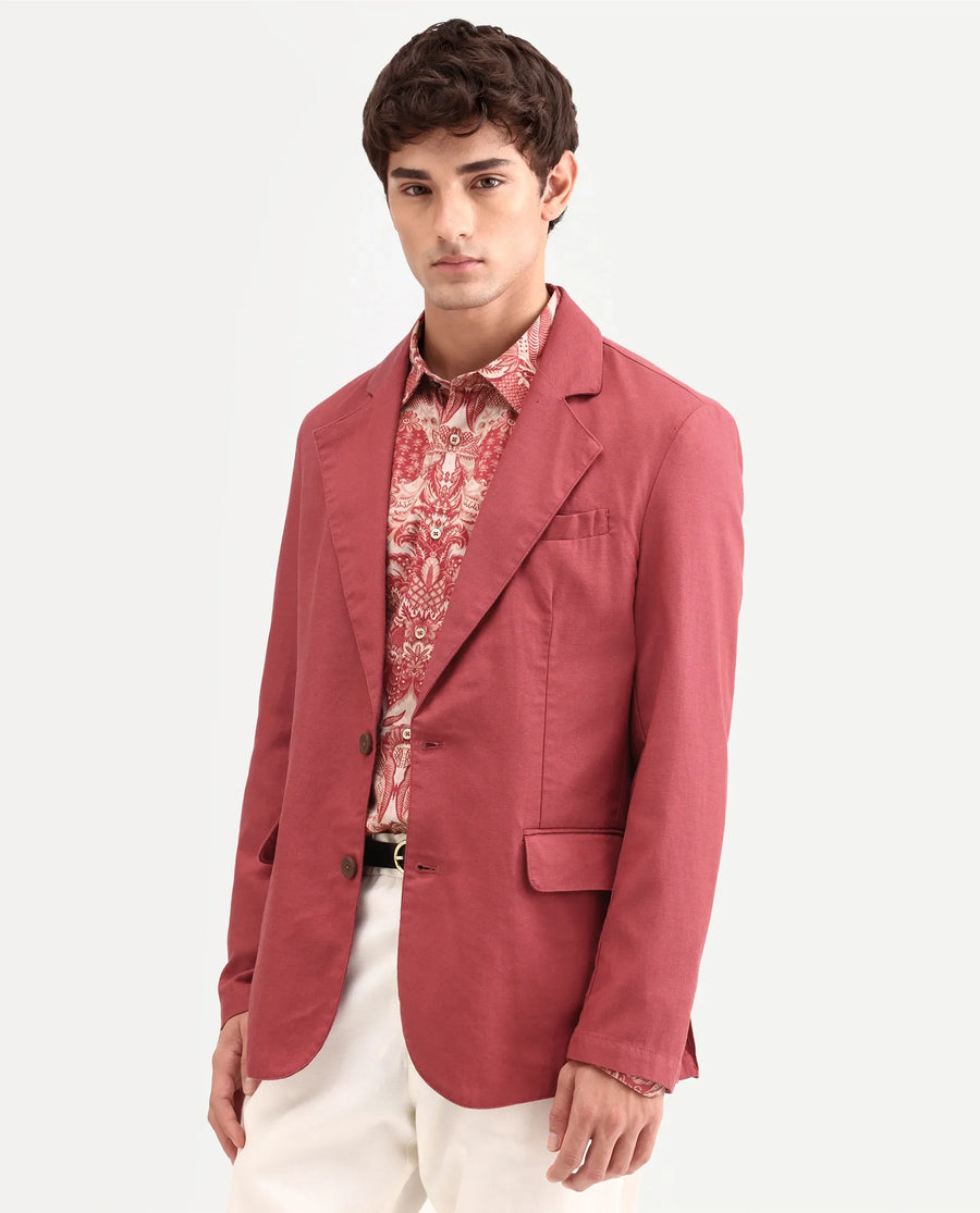 Rare Rabbit Men's Linol Red Linen Blend Fabric Lapel Neck Tailored Fit Plain Blazer