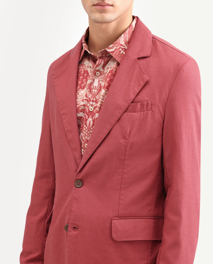 Rare Rabbit Men's Linol Red Linen Blend Fabric Lapel Neck Tailored Fit Plain Blazer