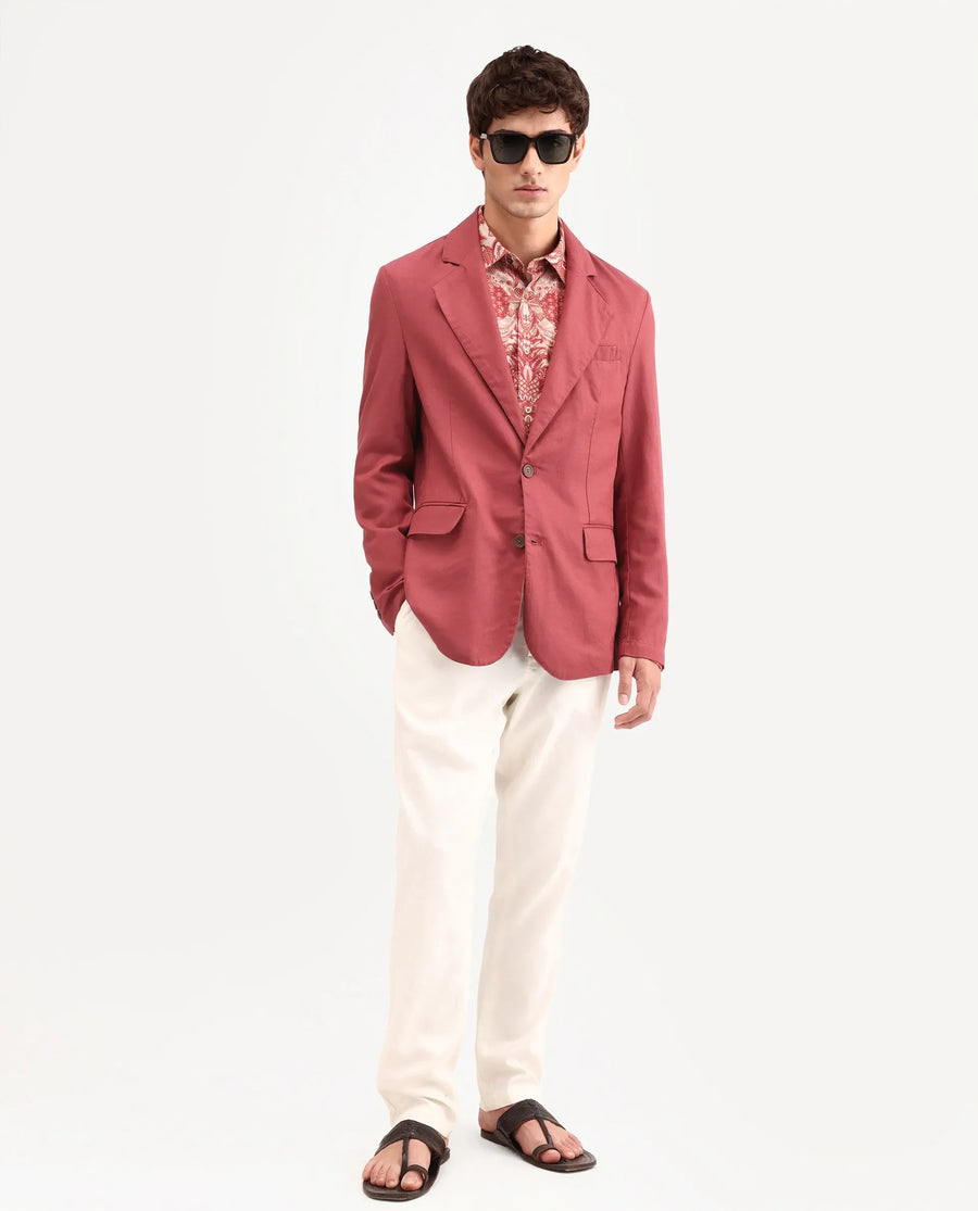 Rare Rabbit Men's Linol Red Linen Blend Fabric Lapel Neck Tailored Fit Plain Blazer