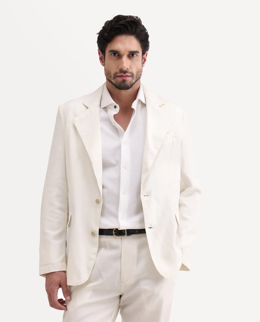 Rare Rabbit Men's Linol Off White Linen Blend Fabric Lapel Neck Tailored Fit Plain Blazer