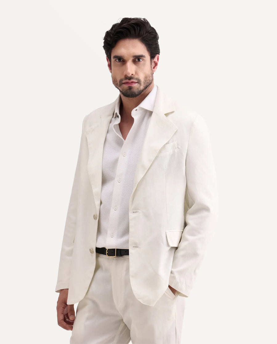 Rare Rabbit Men's Linol Off White Linen Blend Fabric Lapel Neck Tailored Fit Plain Blazer