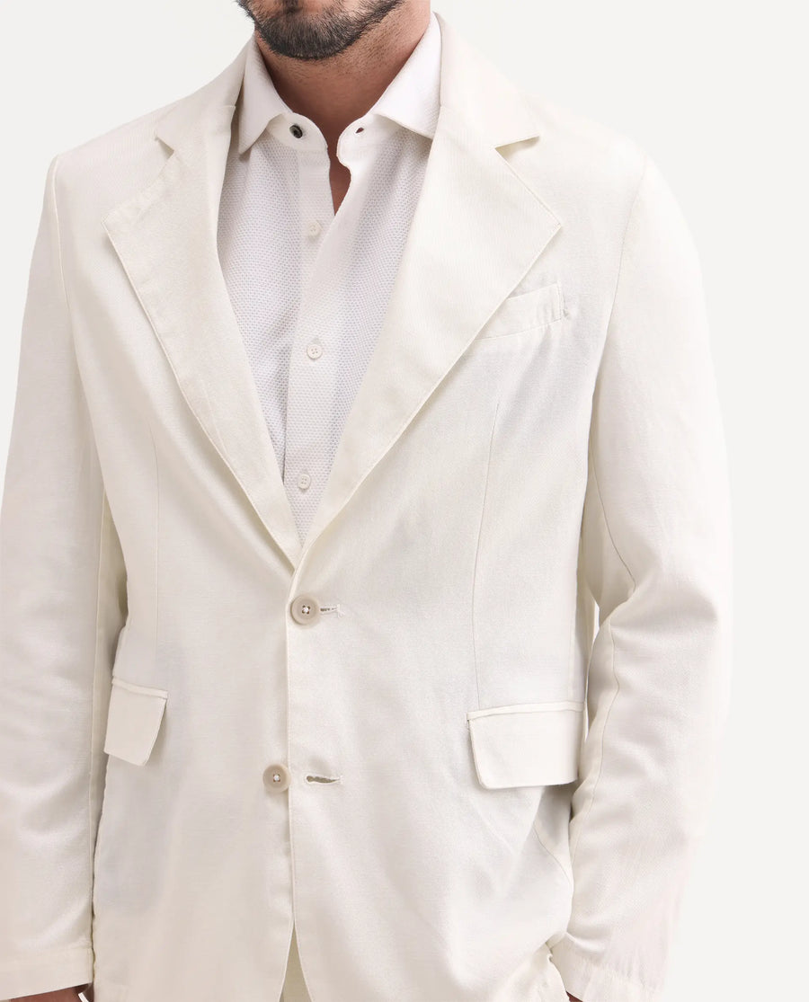 Rare Rabbit Men's Linol Off White Linen Blend Fabric Lapel Neck Tailored Fit Plain Blazer