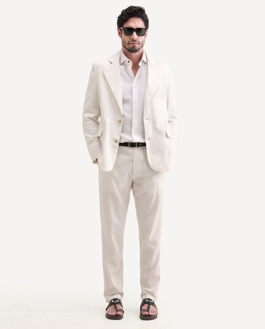 Rare Rabbit Men's Linol Off White Linen Blend Fabric Lapel Neck Tailored Fit Plain Blazer