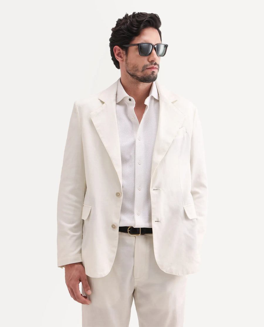 Rare Rabbit Men's Linol Off White Linen Blend Fabric Lapel Neck Tailored Fit Plain Blazer